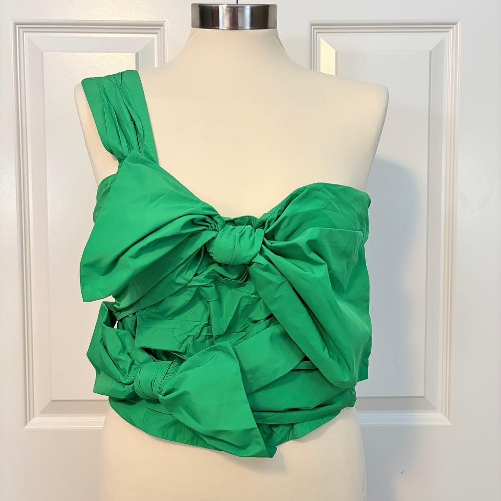 Anthropologie Maeve Kelly Green One Shoulder Bow Smocked Top Womens 6 NWT